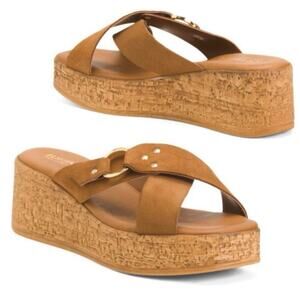 NEW LOTTINI ITALY Womens 39 US 9 Cross Band Buckle Cork Wedge Slide Sandal Brown